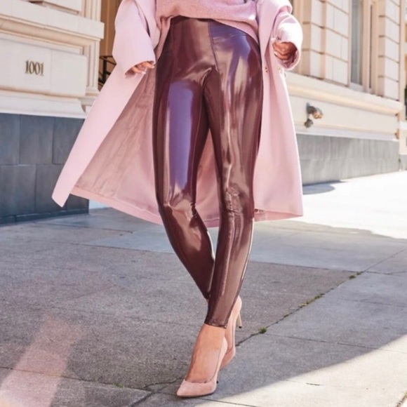 SPANX Faux Patent Leather Leggings in Color Ruby, Size Petite Large - Picture 1 of 8